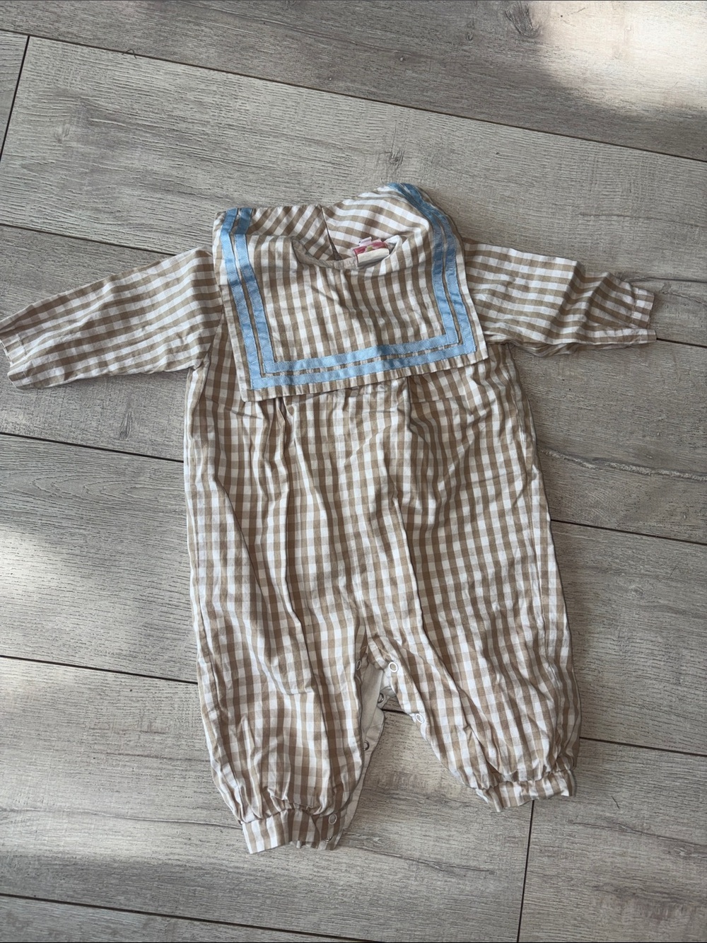 Cecil and Lou size 9 months bibbed gingham print tan blue ribbon romper long